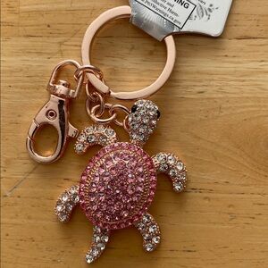 Sparkling Rose Pink & gold sea Turtle bag charm Keychain w rhinestones NWT